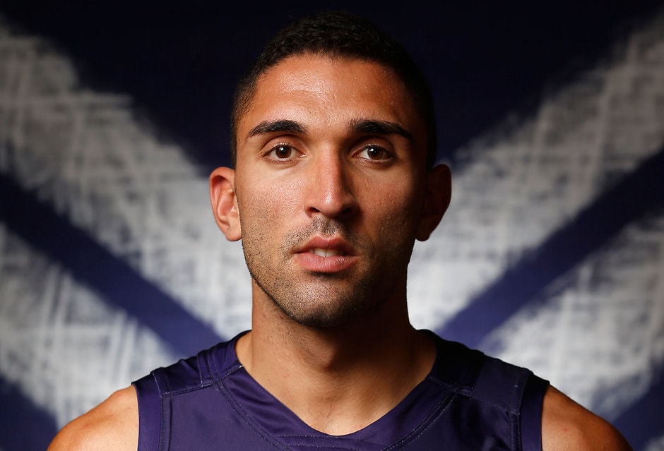 AFL 2016 Portraits - Fremantle PERTH, AUSTRALIA - FEBRUARY 16: Anthony Morabito of the Dockers poses for a photograph during the Fremantle Dockers 2016 official team photo day at Fremantle Oval in Perth on February 16, 2016. (Photo by Michael Willson/AFL Media)